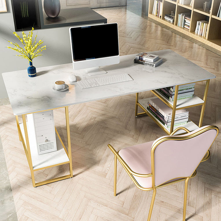 Glam Style Computer Desk Marble Rectangular Office Desk With Storage Shelf