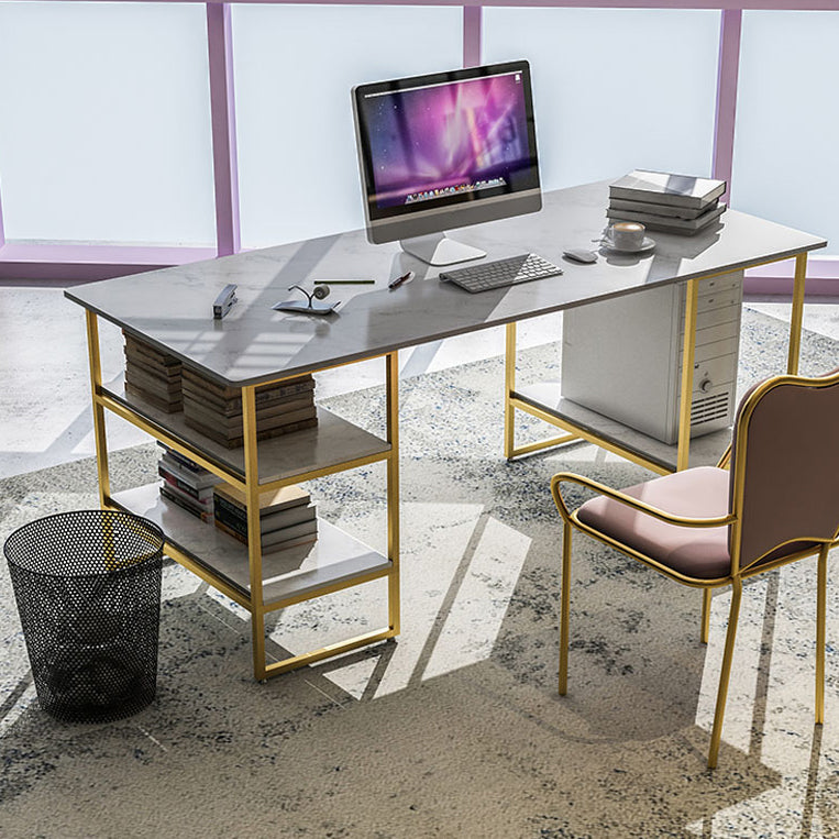 Glam Style Computer Desk Marble Rectangular Office Desk With Storage Shelf