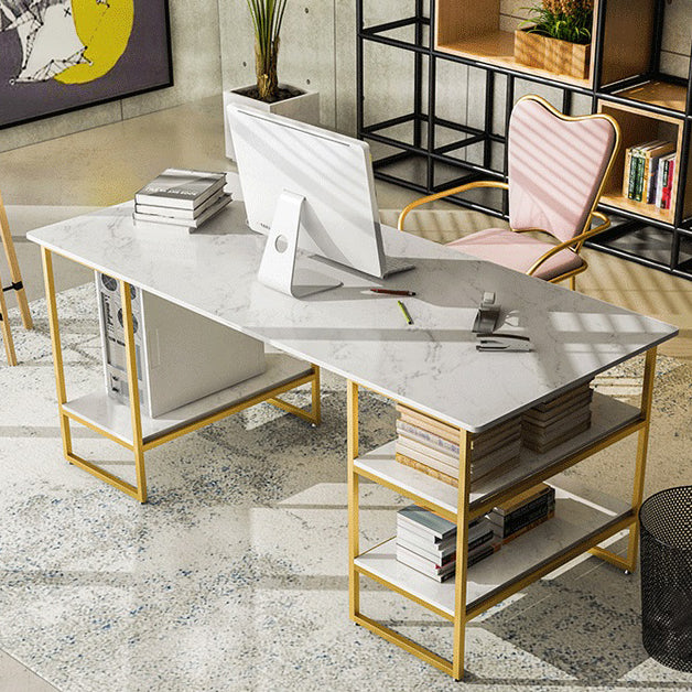 Glam Style Computer Desk Marble Rectangular Office Desk With Storage Shelf