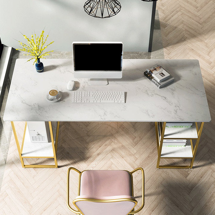 Glam Style Computer Desk Marble Rectangular Office Desk With Storage Shelf