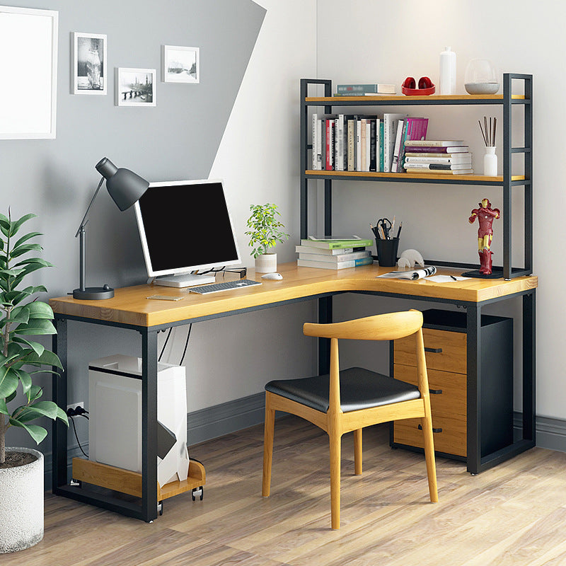 L-Shaped Office Desk Solid Wood Study Room and Office Writing Desk with Shelf