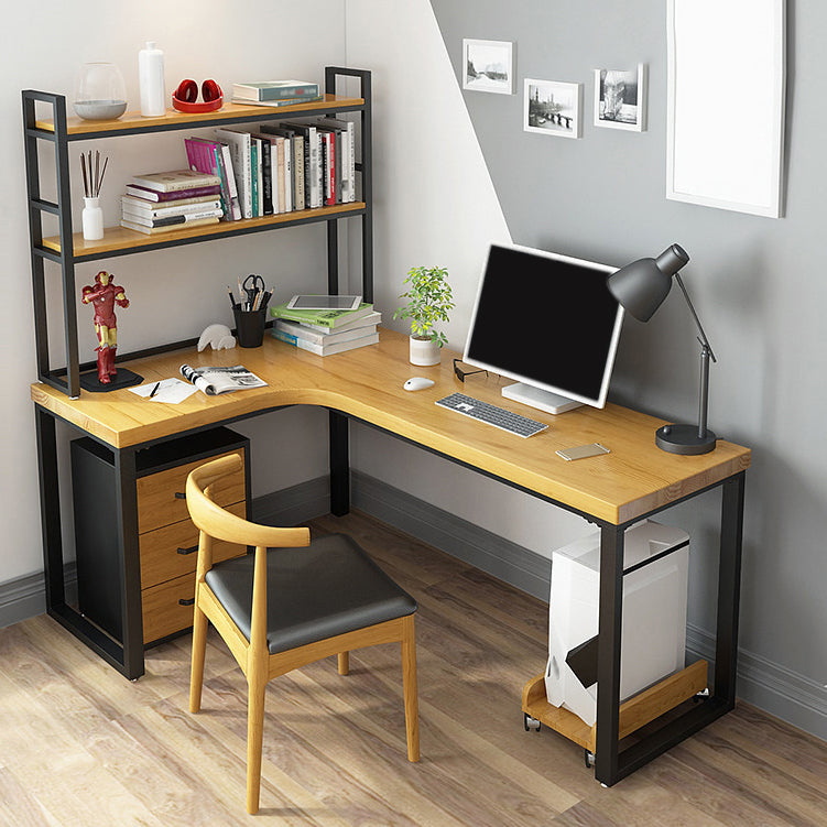 L-Shaped Office Desk Solid Wood Study Room and Office Writing Desk with Shelf