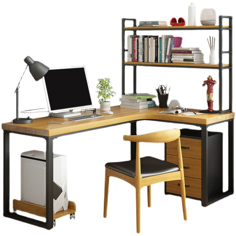 L-Shaped Office Desk Solid Wood Study Room and Office Writing Desk with Shelf