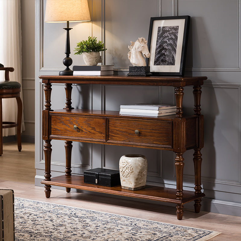 Mid-Century Modern Console Table with Rubbered Wood 4 Legs and 2 Drawers