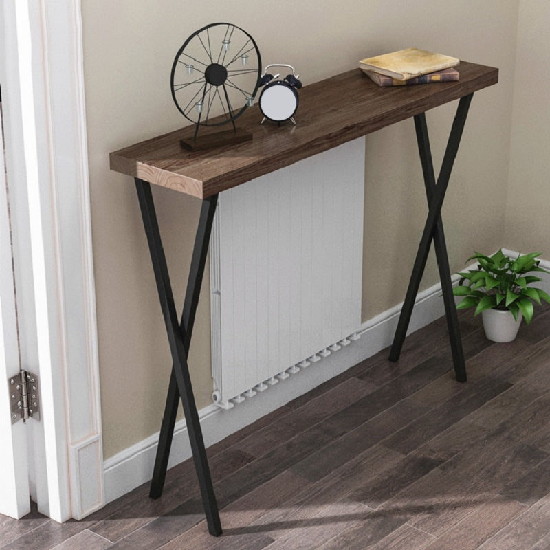 Solid Wood Mid-Century Console Table X-base Console Tabl in Dark Brown