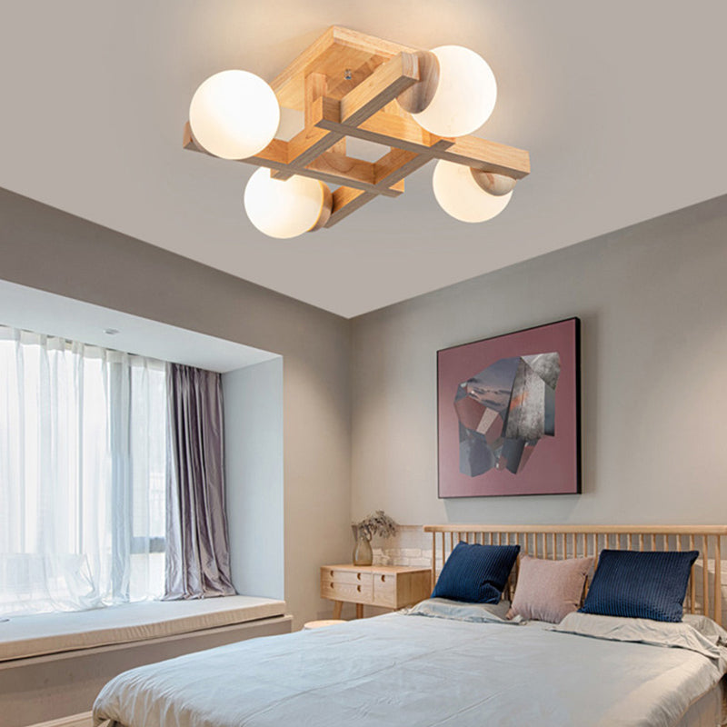 4 / 6 / 8 - Light Semi Flush Mount Light , Wood and Glass Sphere Ceiling Semi Flush