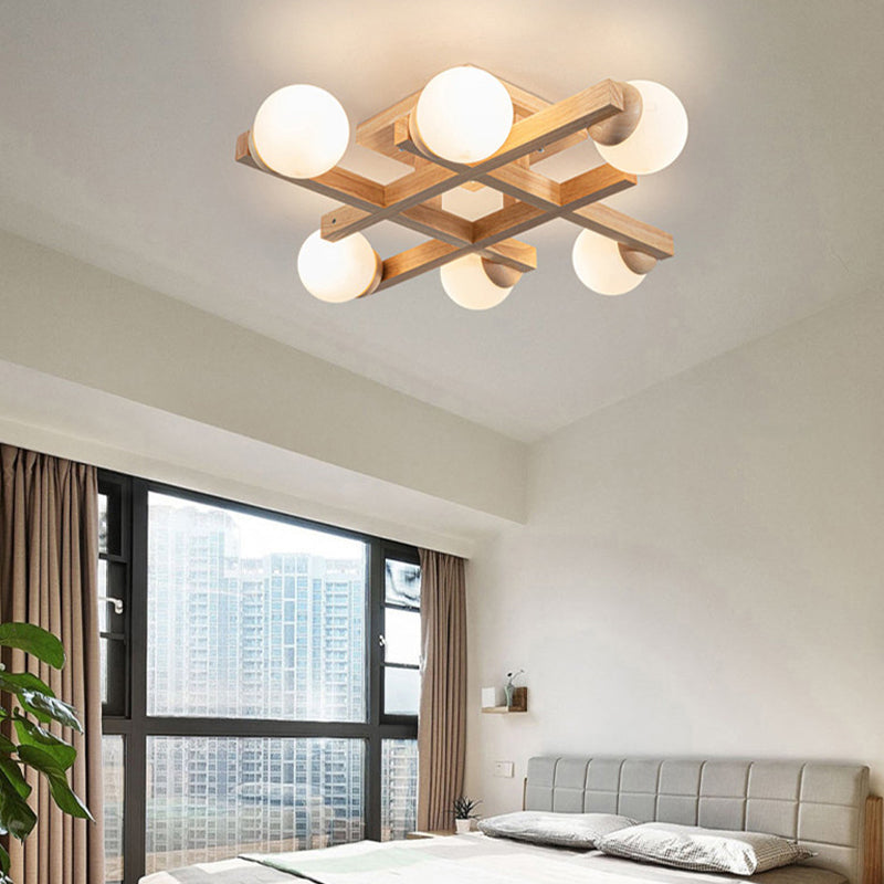 4 / 6 / 8 - Light Semi Flush Mount Light , Wood and Glass Sphere Ceiling Semi Flush