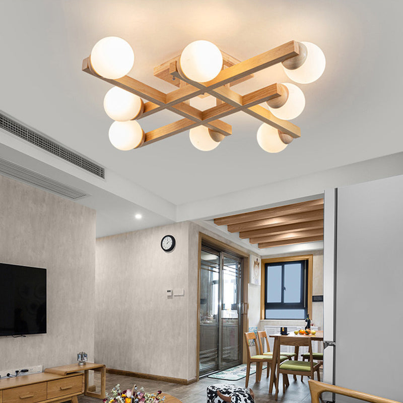 4 / 6 / 8 - Light Semi Flush Mount Light , Wood and Glass Sphere Ceiling Semi Flush