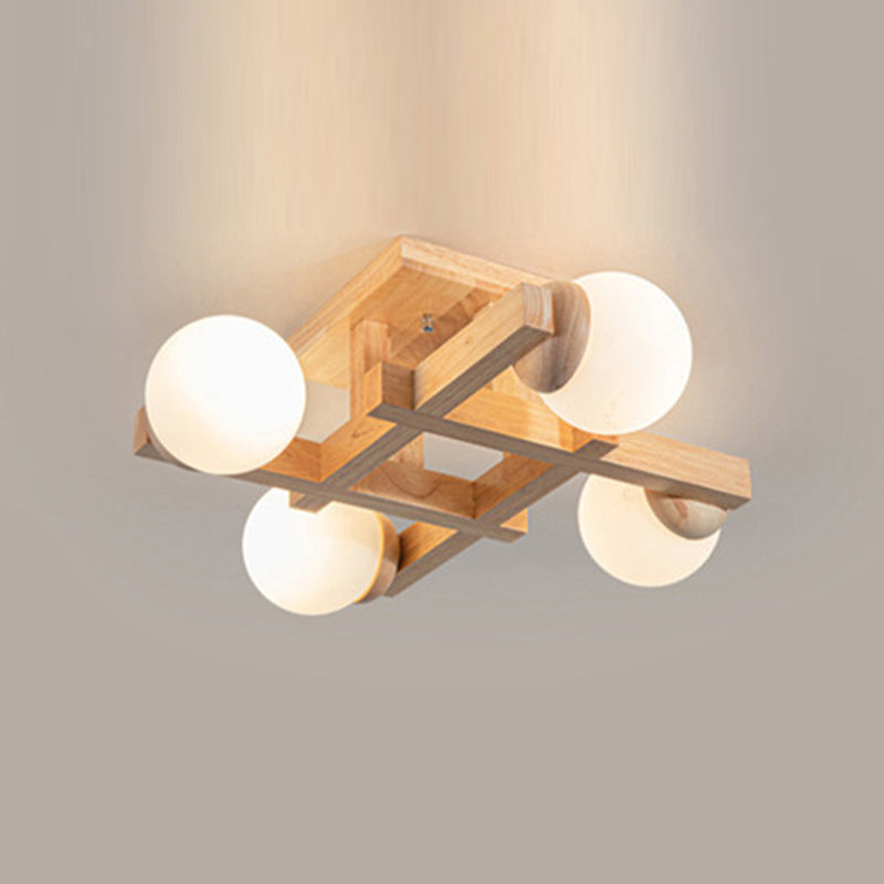 4 / 6 / 8 - Light Semi Flush Mount Light , Wood and Glass Sphere Ceiling Semi Flush