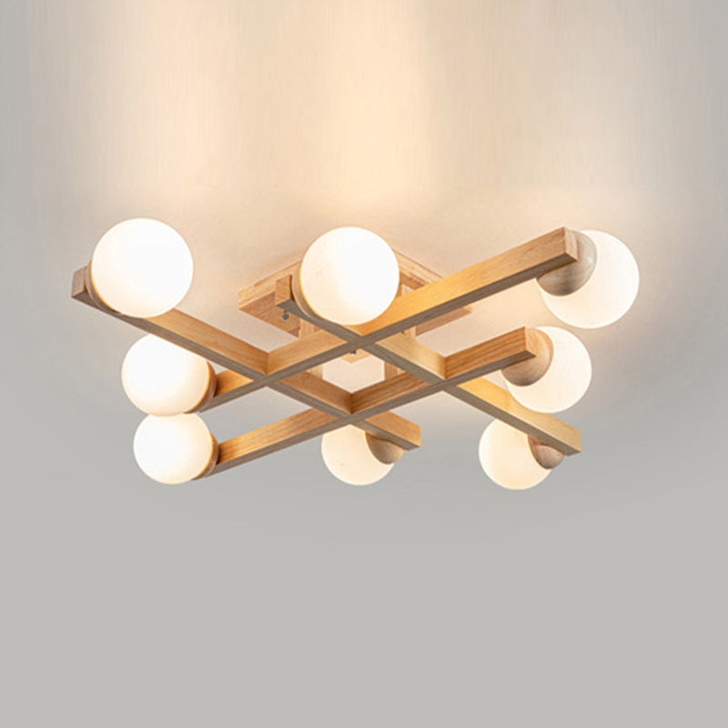 4 / 6 / 8 - Light Semi Flush Mount Light , Wood and Glass Sphere Ceiling Semi Flush