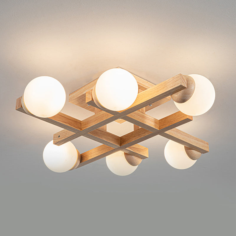 4 / 6 / 8 - Light Semi Flush Mount Light , Wood and Glass Sphere Ceiling Semi Flush