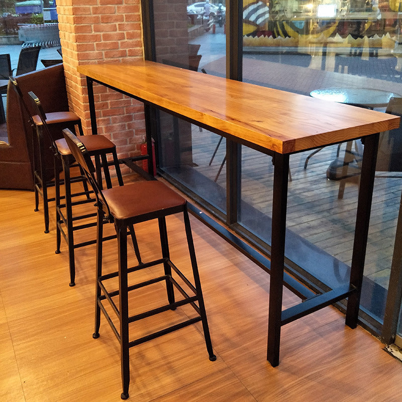 Industrial Metal Frame Bistro Table Brown Pine Wood Top Bar Table