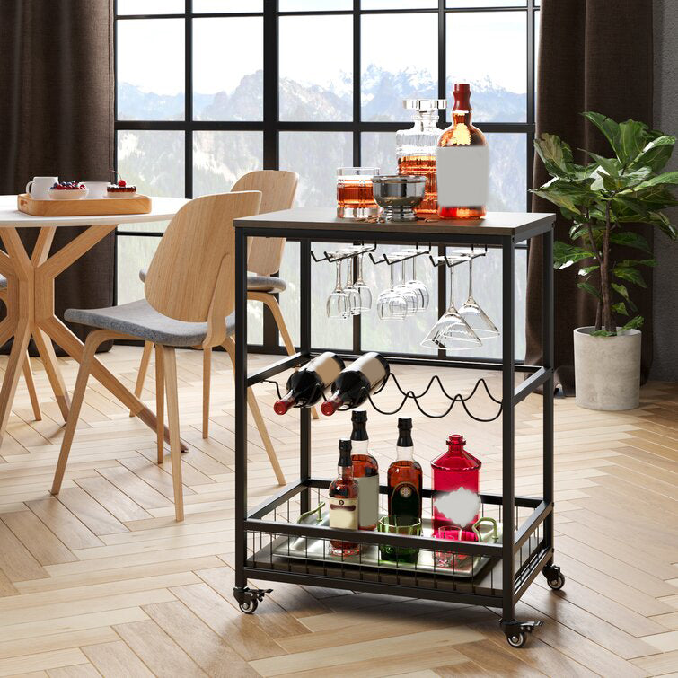 Industrial Rolling Kitchen Cart Metal Rectangular Kitchen Island Cart with Wine Storage