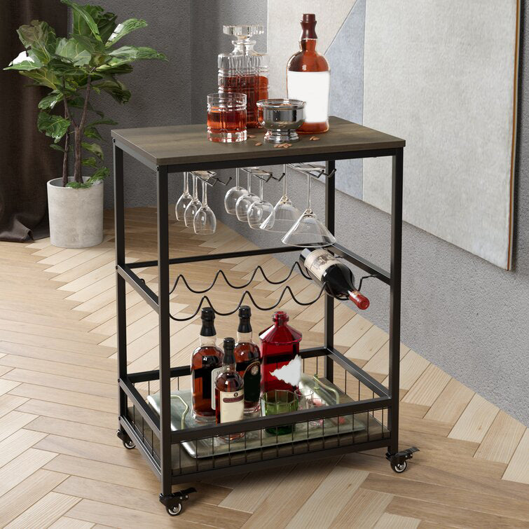 Industrial Rolling Kitchen Cart Metal Rectangular Kitchen Island Cart with Wine Storage