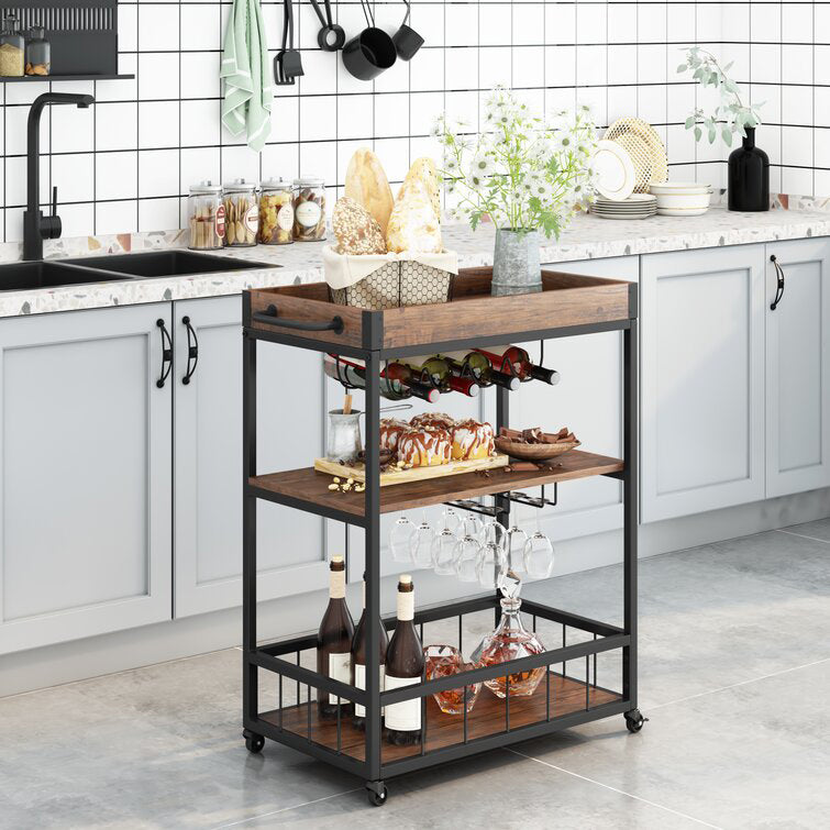 Industrial Rolling Kitchen Cart Metal Rectangular Kitchen Island Cart with Wine Storage