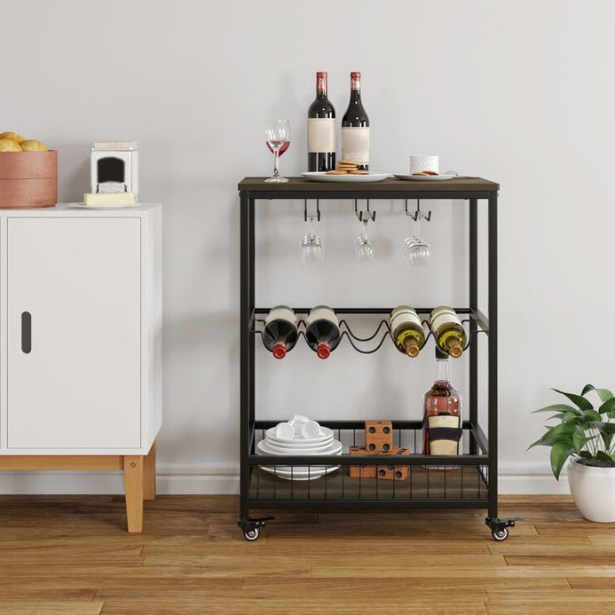 Industrial Rolling Kitchen Cart Metal Rectangular Kitchen Island Cart with Wine Storage