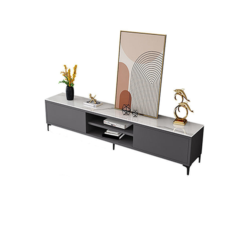 White and Black Slate TV Stand Open Storage TV Console with 2 Doors