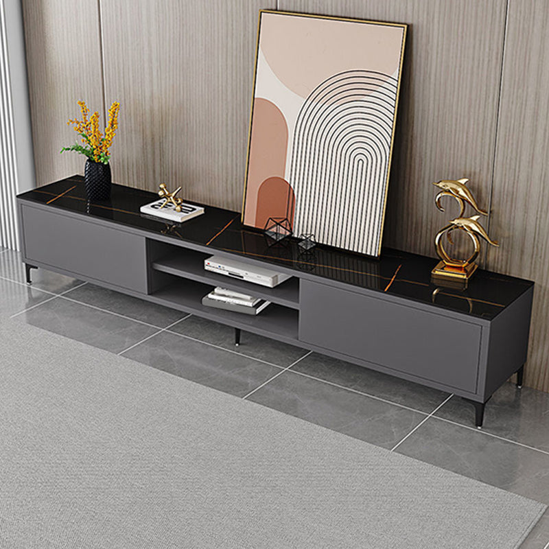 White and Black Slate TV Stand Open Storage TV Console with 2 Doors