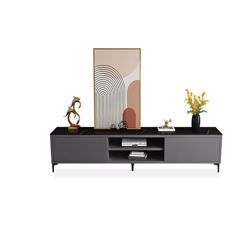 White and Black Slate TV Stand Open Storage TV Console with 2 Doors