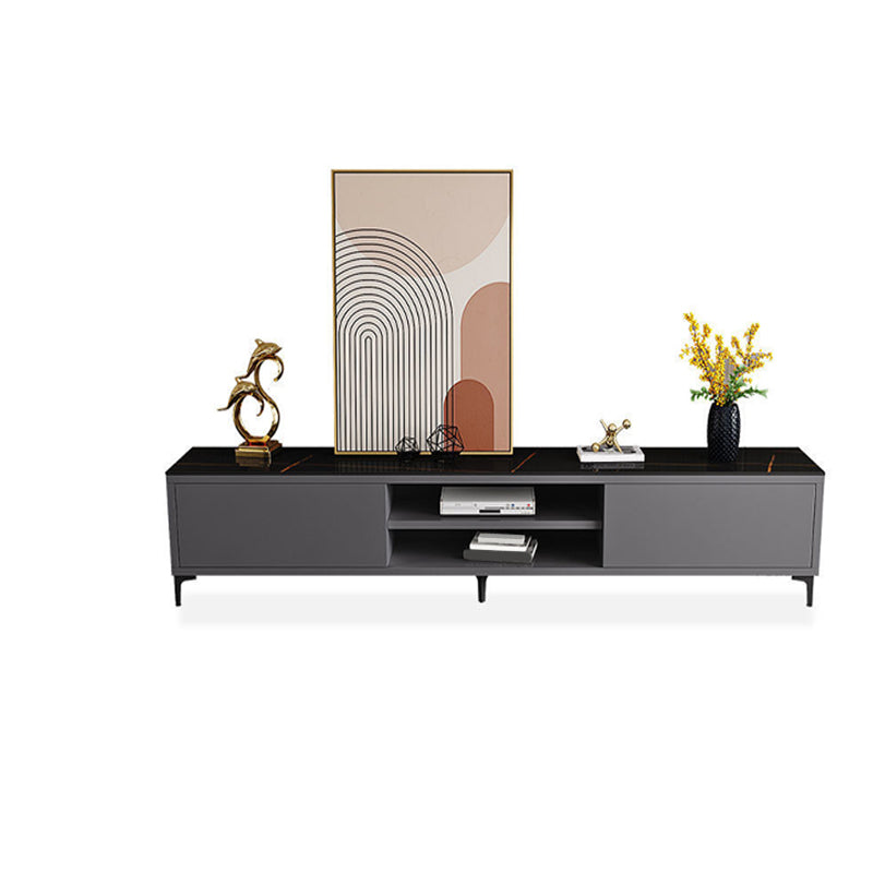 White and Black Slate TV Stand Open Storage TV Console with 2 Doors