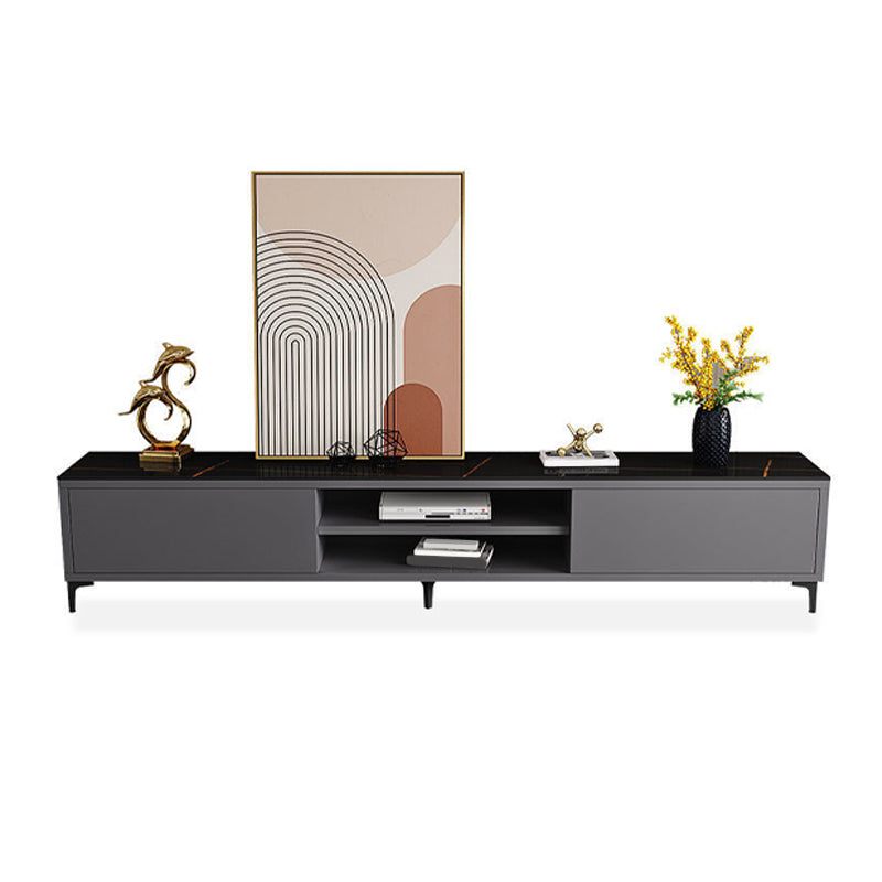 White and Black Slate TV Stand Open Storage TV Console with 2 Doors