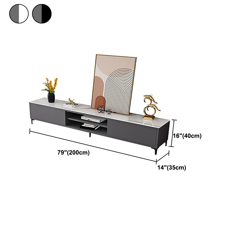 White and Black Slate TV Stand Open Storage TV Console with 2 Doors