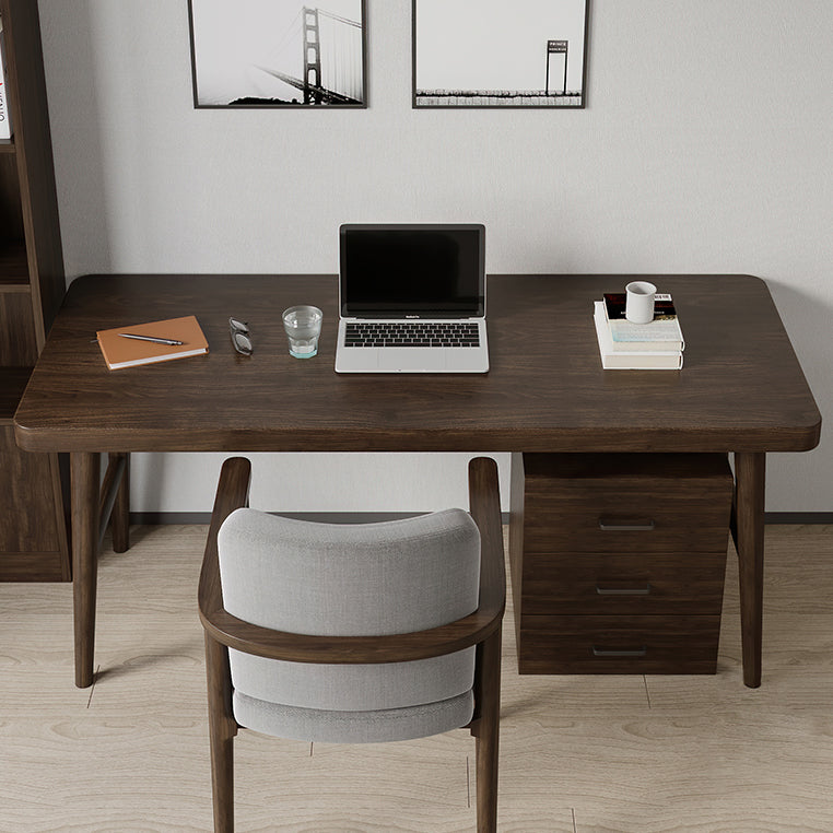 Modern Brown Writing Desk Solid Wood H-Shape Office Desk for Home