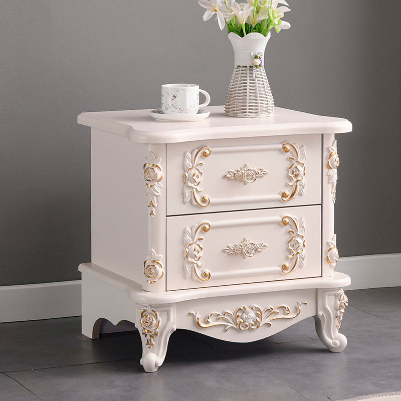 French Country Wood Top Nightstand White Two-Drawer Night Table with Four Legs