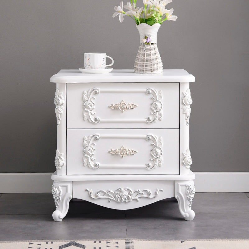 French Country Wood Top Nightstand White Two-Drawer Night Table with Four Legs