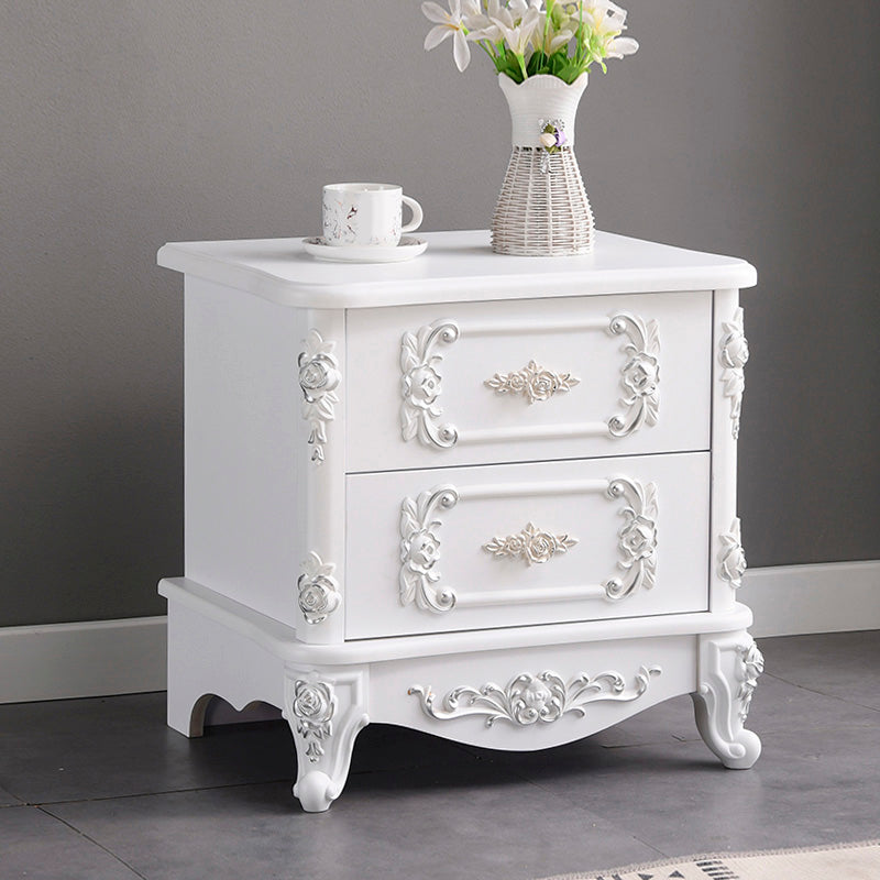 French Country Wood Top Nightstand White Two-Drawer Night Table with Four Legs