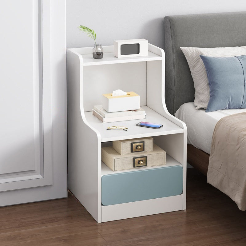 Modern Imitation Wood Night Table Open Storage 1-Shelf Nightstand with Drawer