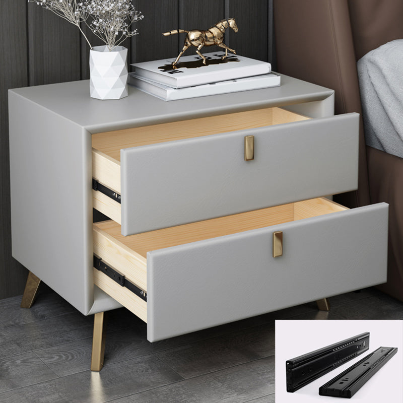 Faux Leather Night Table Glam 2-Drawer Storage Solid Wood Nightstand with Legs