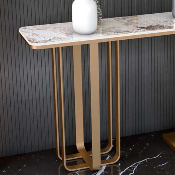 Glam Golden Base Console Table with Rectangle Stone Top Accent Table for Hall