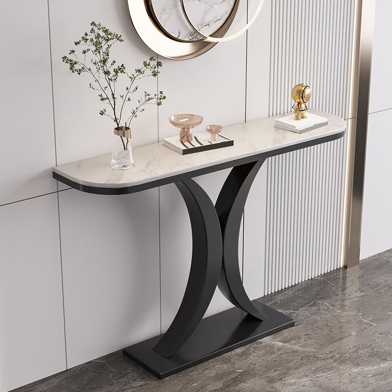 Steel Pedestal Base Console Table with Half Moon Stone Top Accent Table