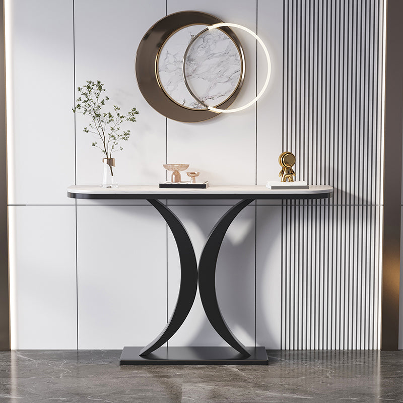 Steel Pedestal Base Console Table with Half Moon Stone Top Accent Table