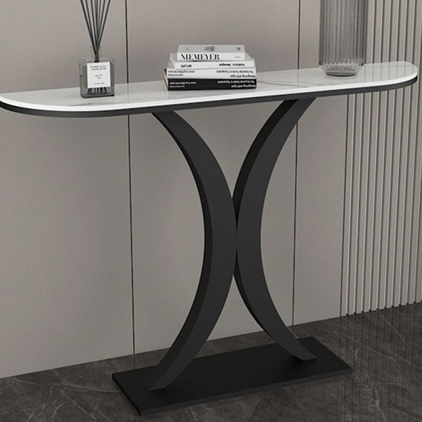 Steel Pedestal Base Console Table with Half Moon Stone Top Accent Table