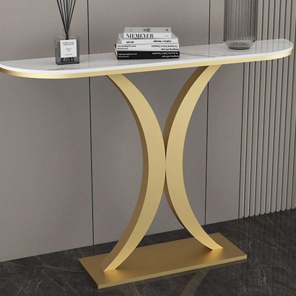 Steel Pedestal Base Console Table with Half Moon Stone Top Accent Table