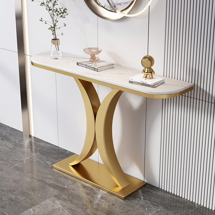 Steel Pedestal Base Console Table with Half Moon Stone Top Accent Table