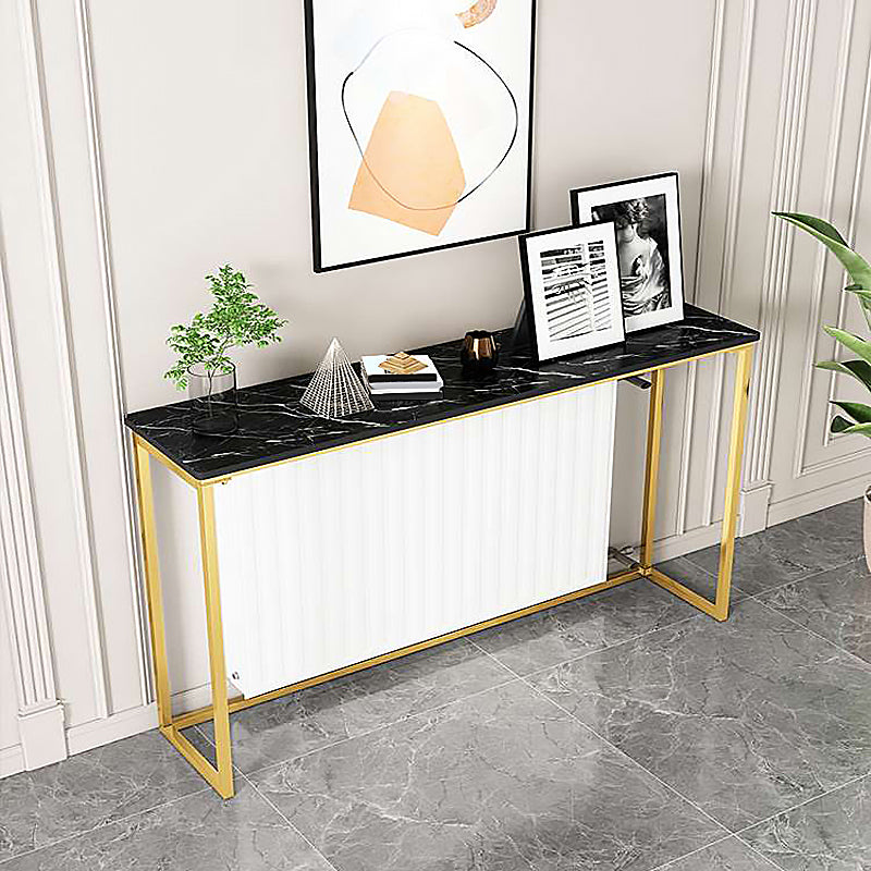 Glam Style Rectangle Top Accent Table with Stone Top and Golden Steel Base