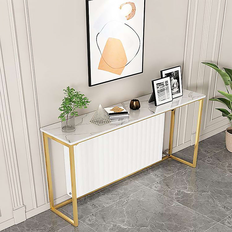 Glam Style Rectangle Top Accent Table with Stone Top and Golden Steel Base