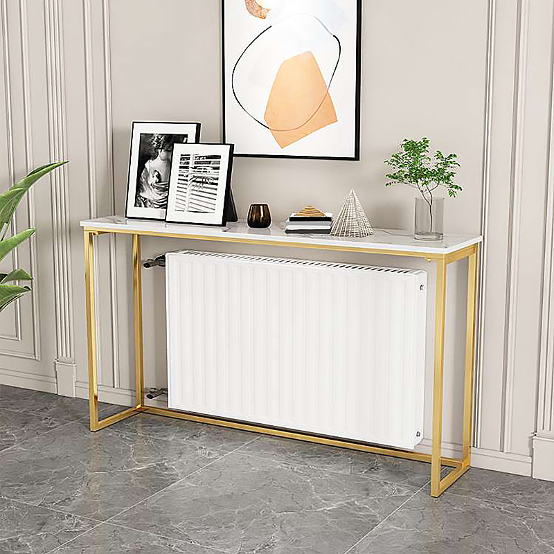 Glam Style Rectangle Top Accent Table with Stone Top and Golden Steel Base