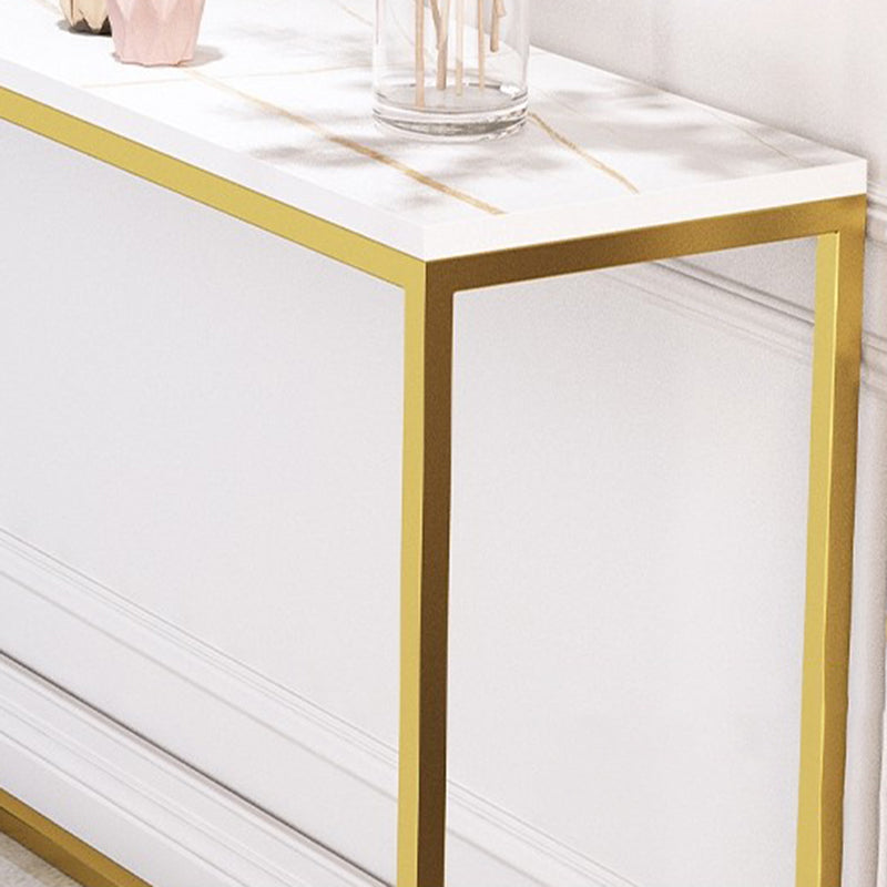 Glam Style Rectangle Top Accent Table with Stone Top and Golden Steel Base