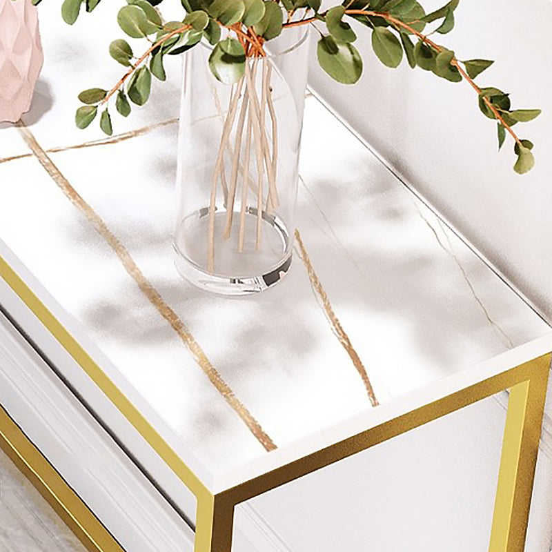 Glam Style Rectangle Top Accent Table with Stone Top and Golden Steel Base