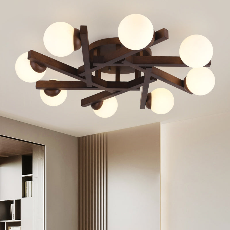 Sphere Wood Semi Flush Mount , Glass Ball Shade Ceiling Semi Flush with 5 / 6 / 8 Lights