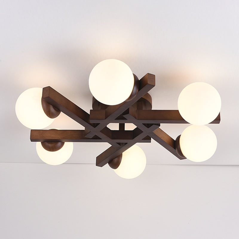 Sphere Wood Semi Flush Mount , Glass Ball Shade Ceiling Semi Flush with 5 / 6 / 8 Lights