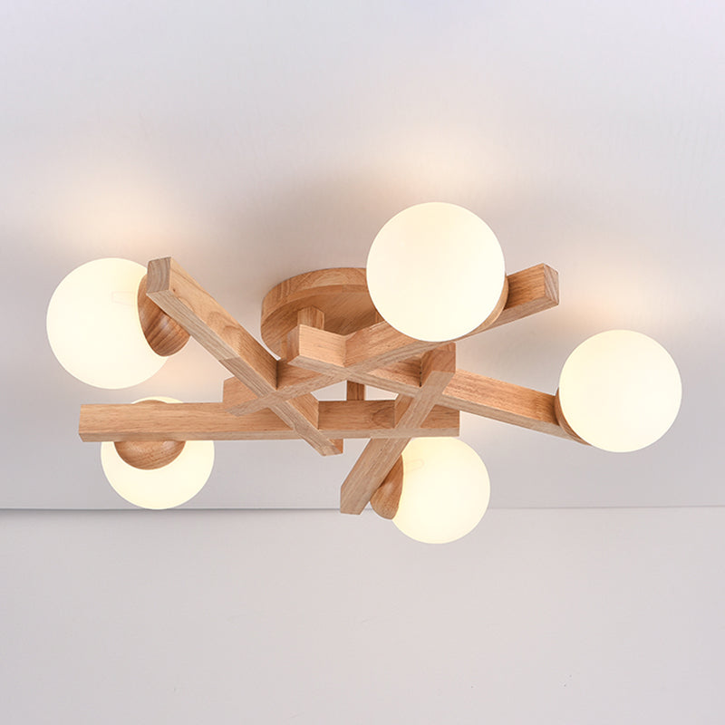 Sphere Wood Semi Flush Mount , Glass Ball Shade Ceiling Semi Flush with 5 / 6 / 8 Lights