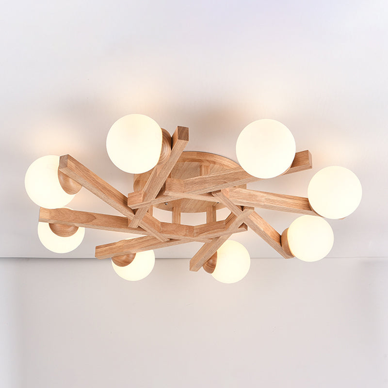 Sphere Wood Semi Flush Mount , Glass Ball Shade Ceiling Semi Flush with 5 / 6 / 8 Lights