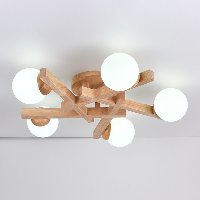 Sphere Wood Semi Flush Mount , Glass Ball Shade Ceiling Semi Flush with 5 / 6 / 8 Lights