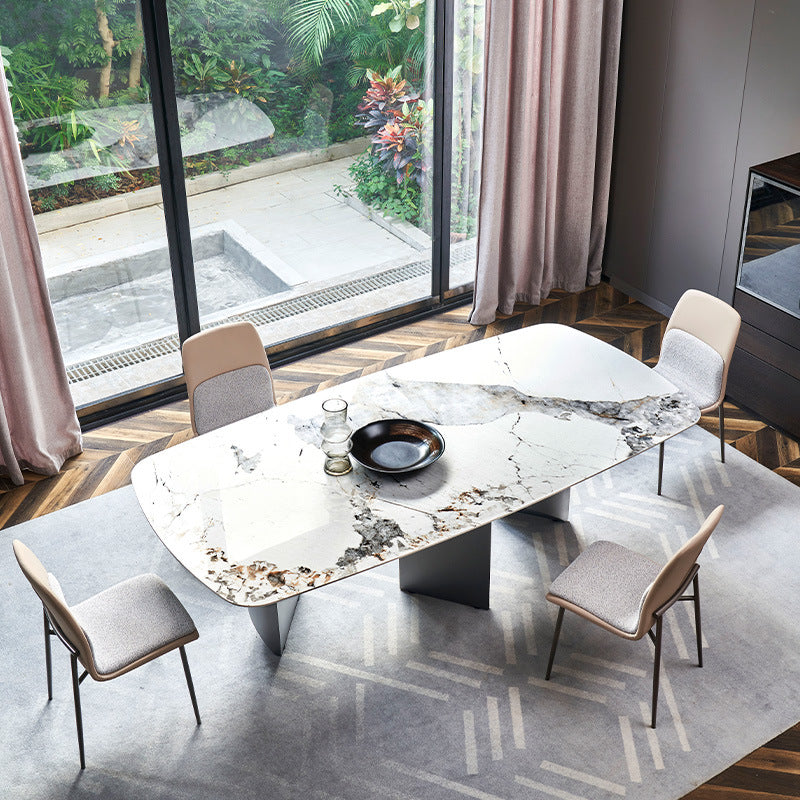 Stone Top Dining Table Modern Rectangle Table with Black Double Pedestal Base