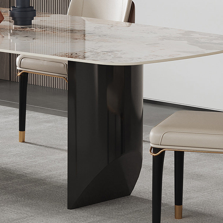 Stone Top Dining Table Modern Rectangle Table with Black Double Pedestal Base